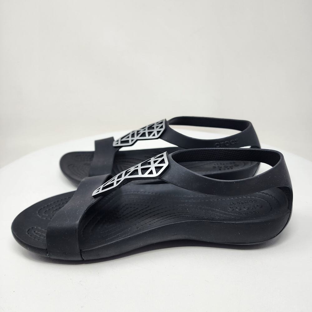 Crocs Serena Sexi Sandals Women 7 Black with Silver Diamond T-Strap Comfort - Picture 7 of 12